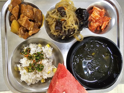 9.13:영양밥&부추양념장,미역국,돼지갈비찜,잡채,배추김치,수박