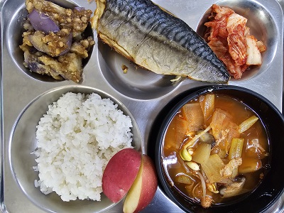 9.15:쌀밥,닭개장,고등어구이,돈민찌가지볶음,배추김치,사과